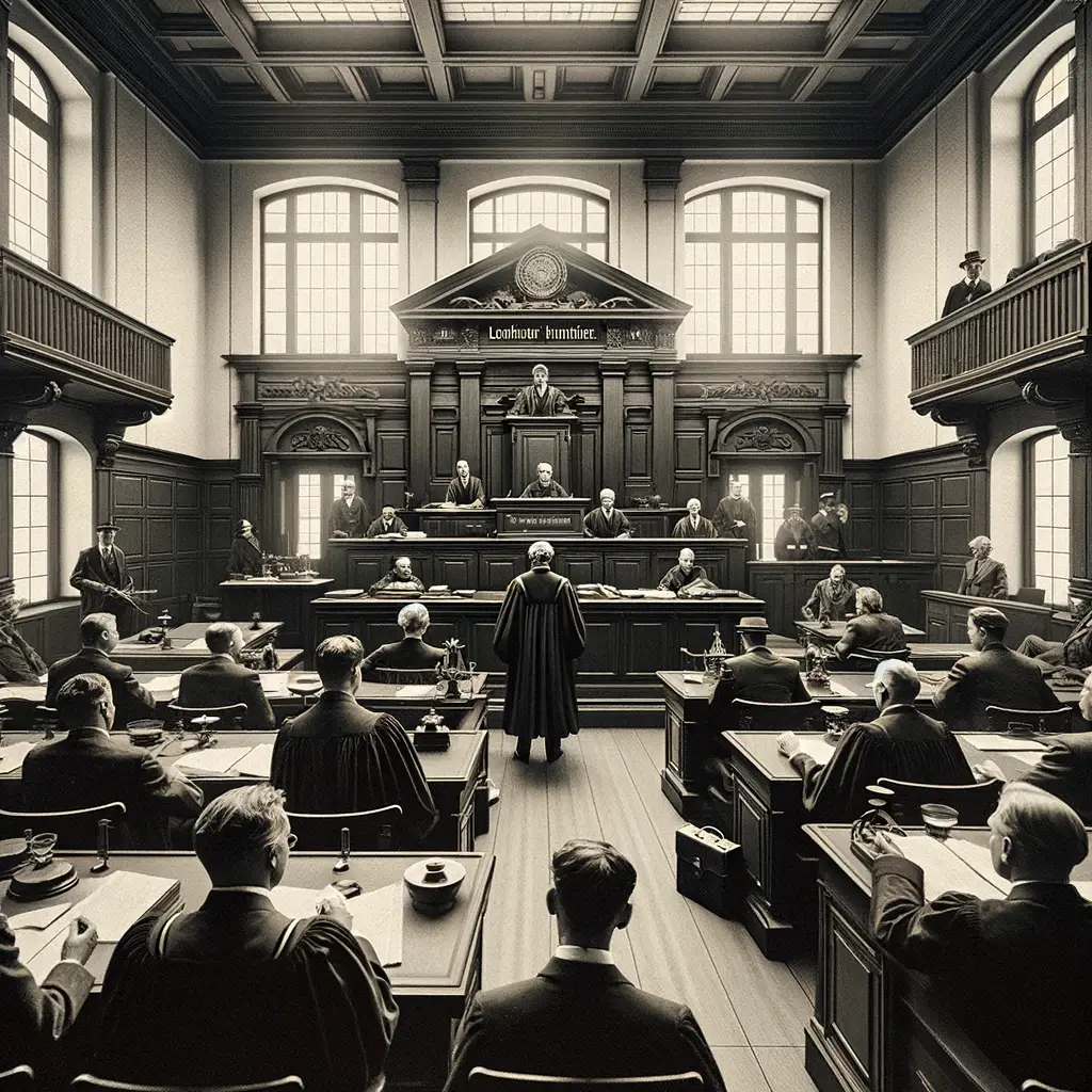 DALL·E 2024 02 05 08.56.18 A black and white image of a German courtroom capturing the distinctive architecture and interior design typical for Germany. The scene includes a ju